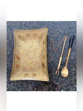 Mid Century Modern Georges Briard Glass Tray Gold Leaf Design w/Serving Utensils